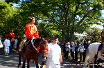 葵祭の前儀　賀茂競馬会 : 朱色の打毬楽（たぎゅうらく）装束の乗尻