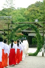 夏越祓　茅の輪くぐり : 神官に巫女がつづく