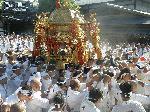 京都街角風景 : サンケイデザイン 吉川 忠男さん 神幸祭。担き出しの迫力。砂埃が舞う。闘牛の如し。八坂神社・拝殿から。